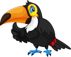 Раскрашенная картинка: птица тукан с большим клювом и поднятым крылом
