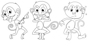 Раскраска три веселых обезьянки танцуют