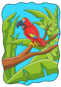 Раскрашенная картинка: попугай щебечет на стволе тропического дерева