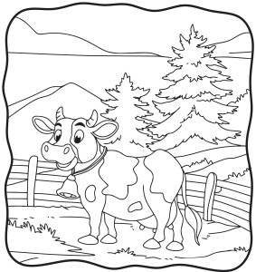 Раскраска взрослая корова пасется на лугу на фоне леса
