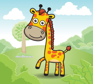 Раскрашенная картинка: мультяшный жираф на опушке леса