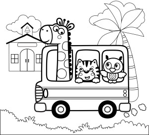 Раскраска автобус с забавными животными, жираф, тигрёнок и птичка