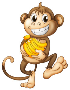 Раскрашенная картинка: обезьяна с широкой улыбкой на лице несет в руках связку бананов