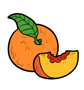 Раскрашенная картинка: персик с листиком и долькой