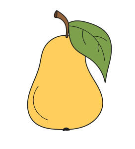 Раскрашенная картинка: cпелый фрукт груша с большим листом