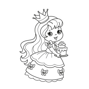 Раскраска маленькая принцесса в платье и короне держит торт