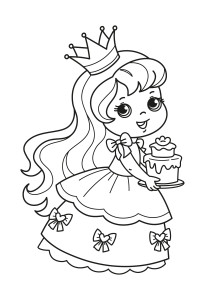 Раскраска принцесса в красивом пушистом платье с тортом