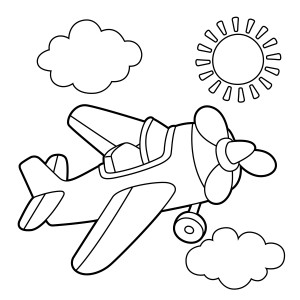 Раскраска игрушечный самолет на фоне облаков и солнца