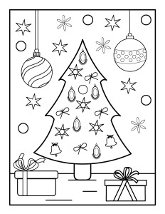 Раскраска новогодняя ёлка игрушки и коробки с подарками