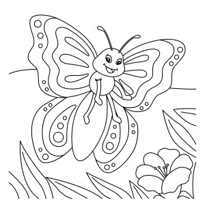 Раскраска мультяшная бабочка с радостным лицом летит над цветком