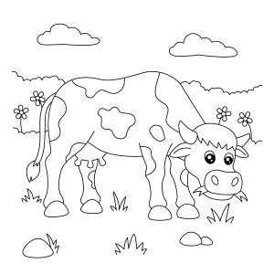 Раскраска красивая пятнистая корова жует траву на поле