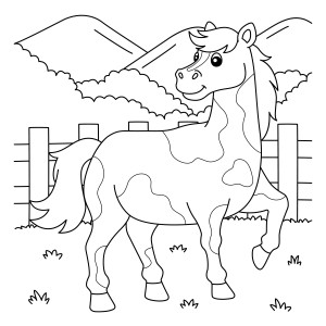 Раскраска лошадь в огороде на фоне гор