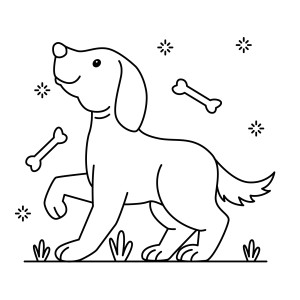 Раскраска собака на фоне косточек и звездочек