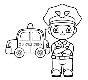 Раскраска полицейский стоит рядом с автомобилем