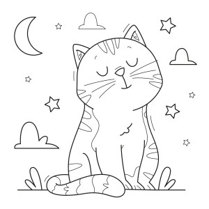 Раскраска спящий милый кот на фоне звёздного неба