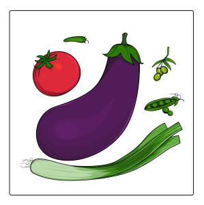 Раскрашенная картинка: баклажан с помидором, луком и горохом