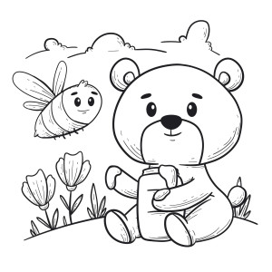 Раскраска мультяшный медведь с медом и пчелой на поляне с цветами