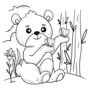 Раскраска медведь сидит на лужайке с бабочками