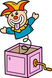 Раскрашенная картинка: игрушка заводная клоун из коробки