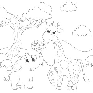 Раскраска жираф и слон на лугу
