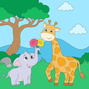 Раскрашенная картинка: жираф и слон на лугу