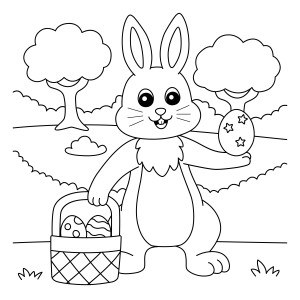 Раскраска кролик с пасхальной корзинкой на лугу