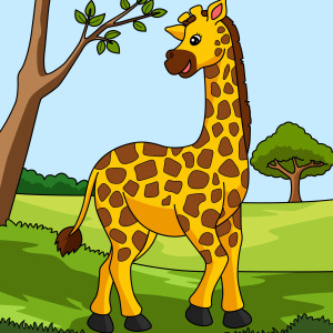 Раскрашенная картинка: жираф в поле стоит у дерева