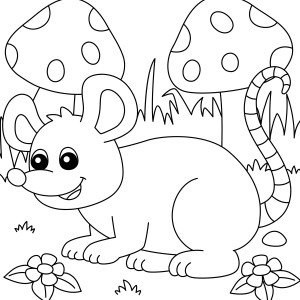 Раскраска забавная крыса в траве на фоне грибов