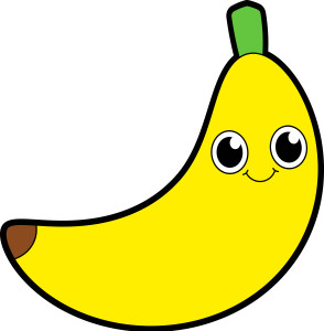 Раскрашенная картинка: желтый банан с глазами улыбается