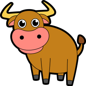 Раскрашенная картинка: мультяшный бык с большими рогами