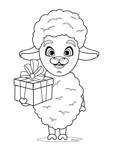 Раскраска мультяшная овца с подарком в руке