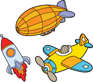 Раскрашенная картинка: игрушки: космическая ракета, самолет, дирижабль