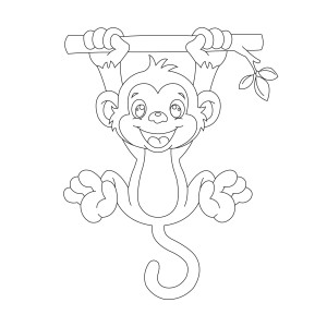 Раскраска обезьянка висит на ветке и смеется