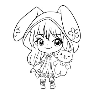 Раскраска кукла девочки аниме в шапке с ушами и котиком в руке