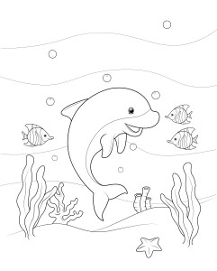 Раскраска дельфин с милыми рыбками на дне