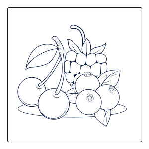 Раскраска ягода малины с вишней и черникой