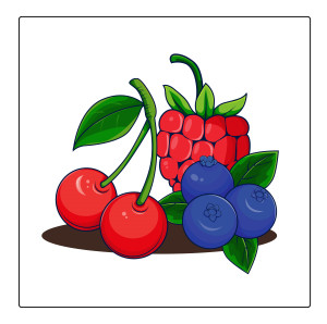 Раскрашенная картинка: ягода малины с вишней и черникой