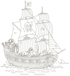 Раскраска большой пиратский корабль с пушками и флагом