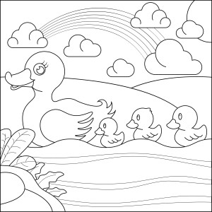 Раскраска мама утка плывет с утятами по реке