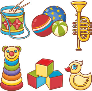 Раскрашенная картинка: детские игрушки: барабан с палочками, мячики, музыкальная труба, пирамидка, уточка
