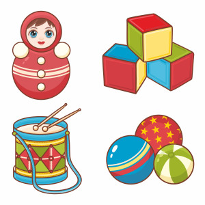 Раскрашенная картинка: игрушки для детей: кубики, барабан с палочками, неваляшка и мячики