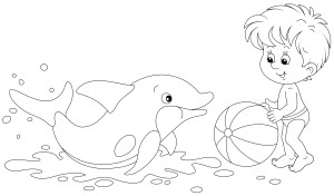 Раскраска счастливый маленький мальчик и веселый игривый дельфин