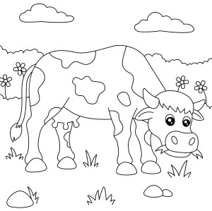 Раскраска рогатая корова пасется на поле