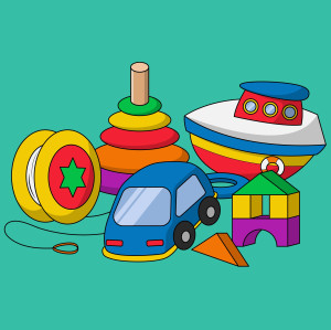 Раскрашенная картинка: набор детских игрушек: кораблик, машинка, пирамидка, конструктор