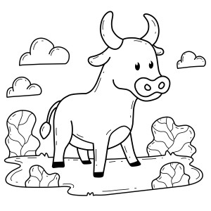 Раскраска мультяшная корова с большими рогами