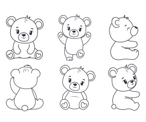 Раскраска набор мультяшных медвежат в разных позах