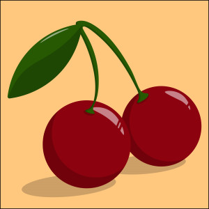 Раскрашенная картинка: спелые ягоды вишни на веточке