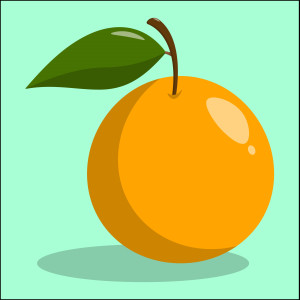 Раскрашенная картинка: круглый апельсин с листиком