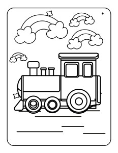 Раскраска поезд на фоне облаков с радугой