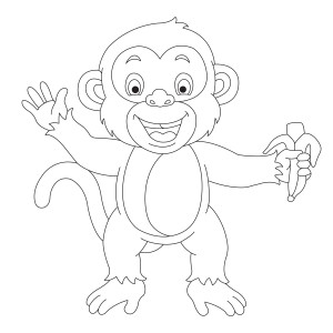 Раскраска симпатичная маленькая обезьянка с бананом машет рукой